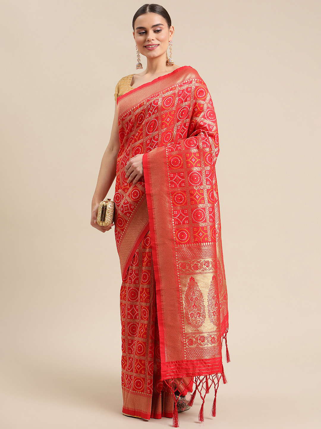 

Mitera Red & Golden Bandhani Print Zari Silk Blend Saree