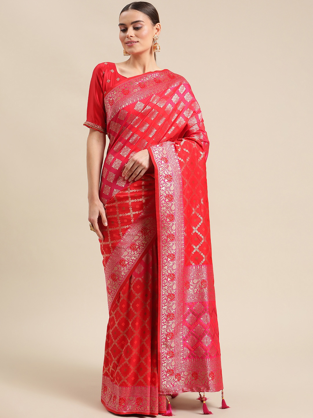 

Mitera Pink & Golden Ethnic Woven Design Zari Silk Blend Banarasi Saree
