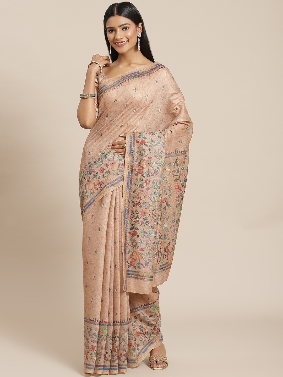 

Mitera Beige Ethnic Printed Silk Blend Chanderi Saree