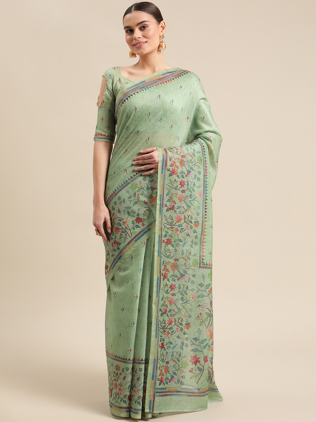 

Mitera Green Floral Silk Blend Chanderi Saree