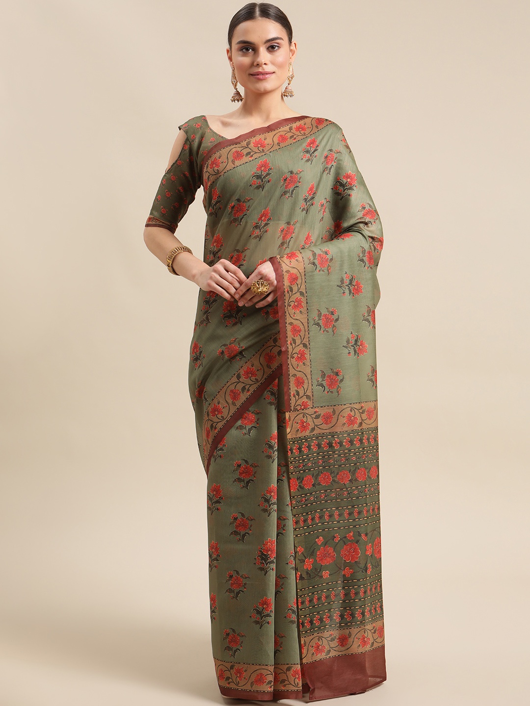

Mitera Green Floral Silk Blend Chanderi Saree