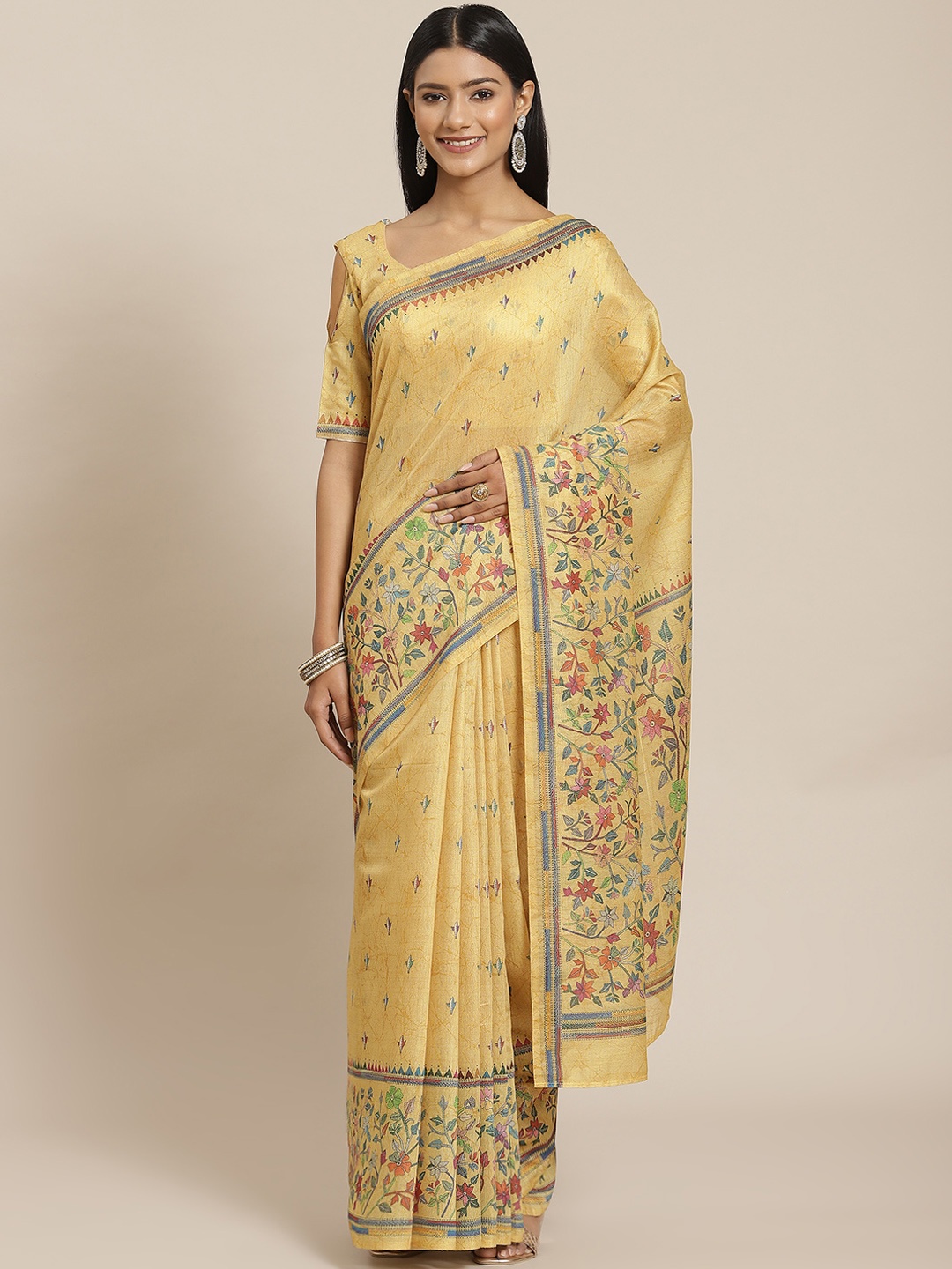 

Mitera Mustard Yellow & Teal Blue Ethnic Printed Silk Blend Chanderi Saree