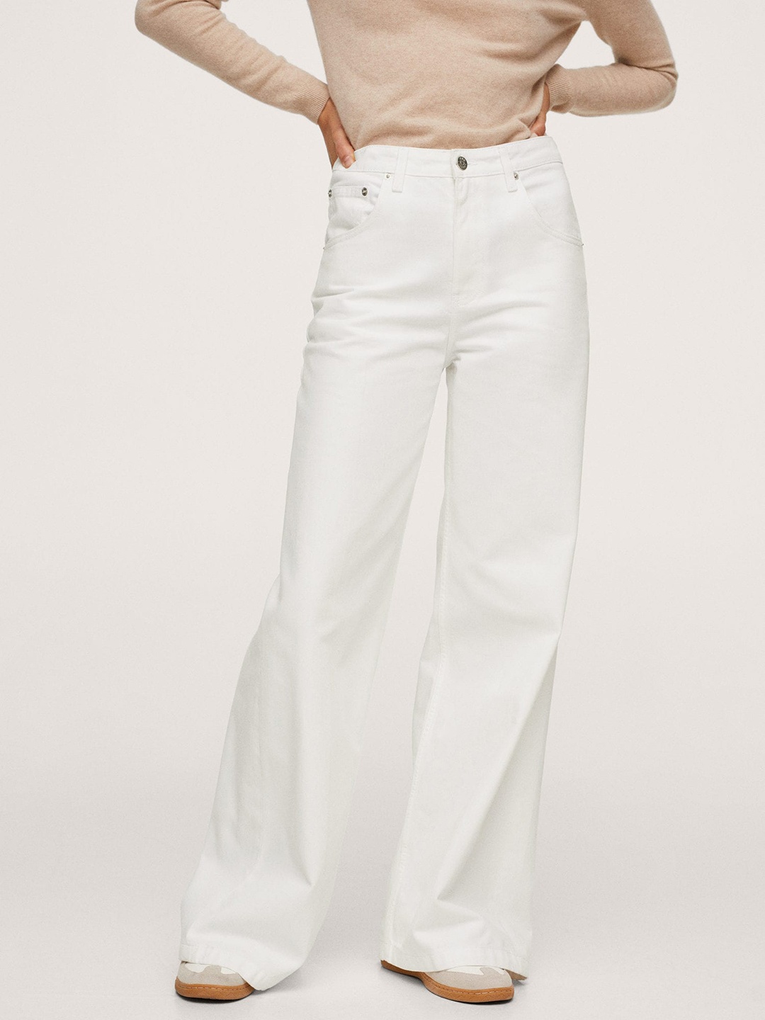 

MANGO Women White Pure Cotton Wide Leg High-Rise Jeans