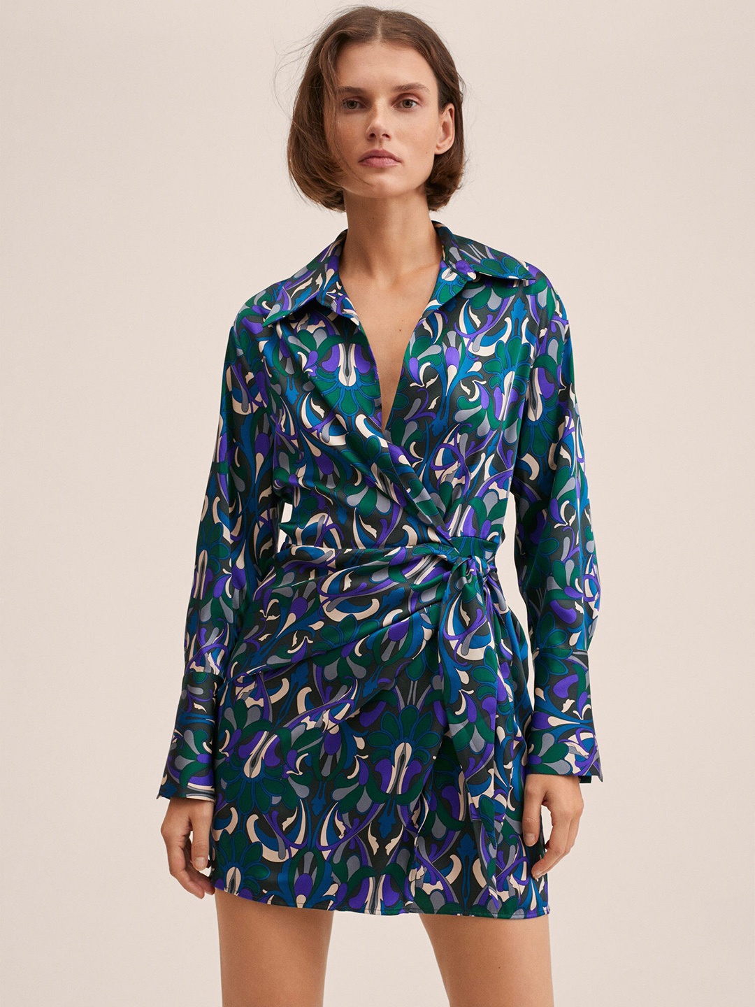 

MANGO Women Blue & Green Floral Wrap Dress