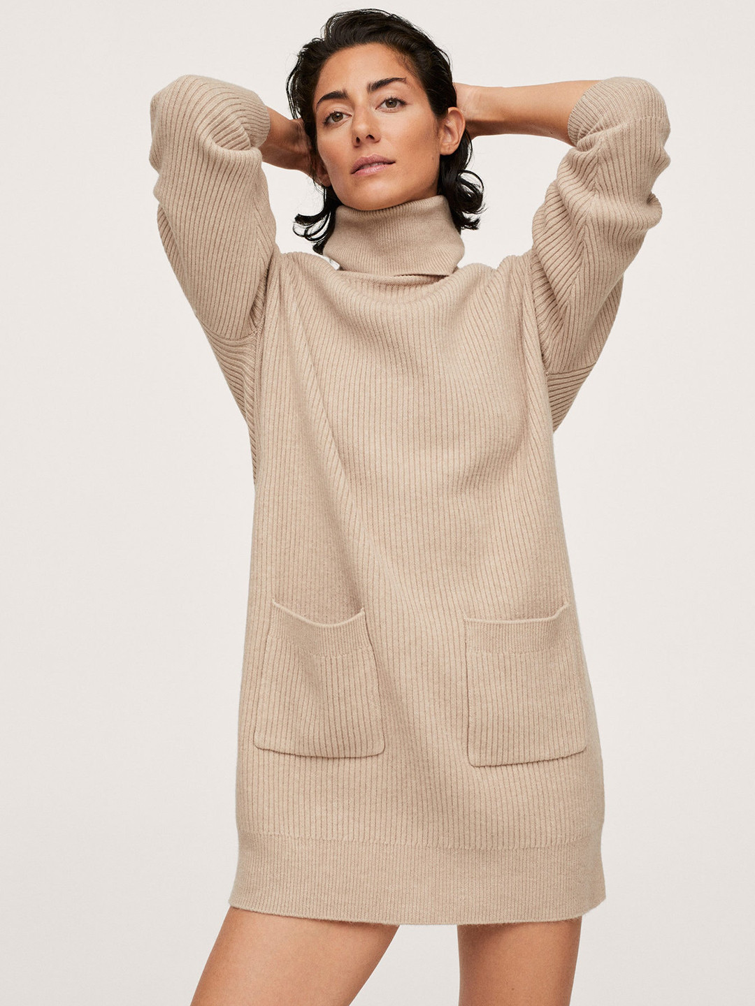 MANGO Beige Ribbed Mini Sweater Dress