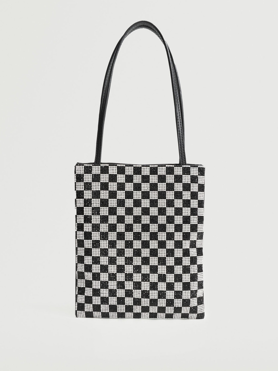 

MANGO Black & Silver Checked Stone Studded Structured Handheld Bag