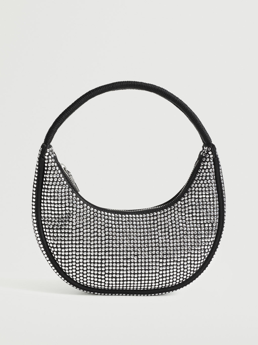 

MANGO Black & Silver-Toned Embellished Structured Baguette Bag
