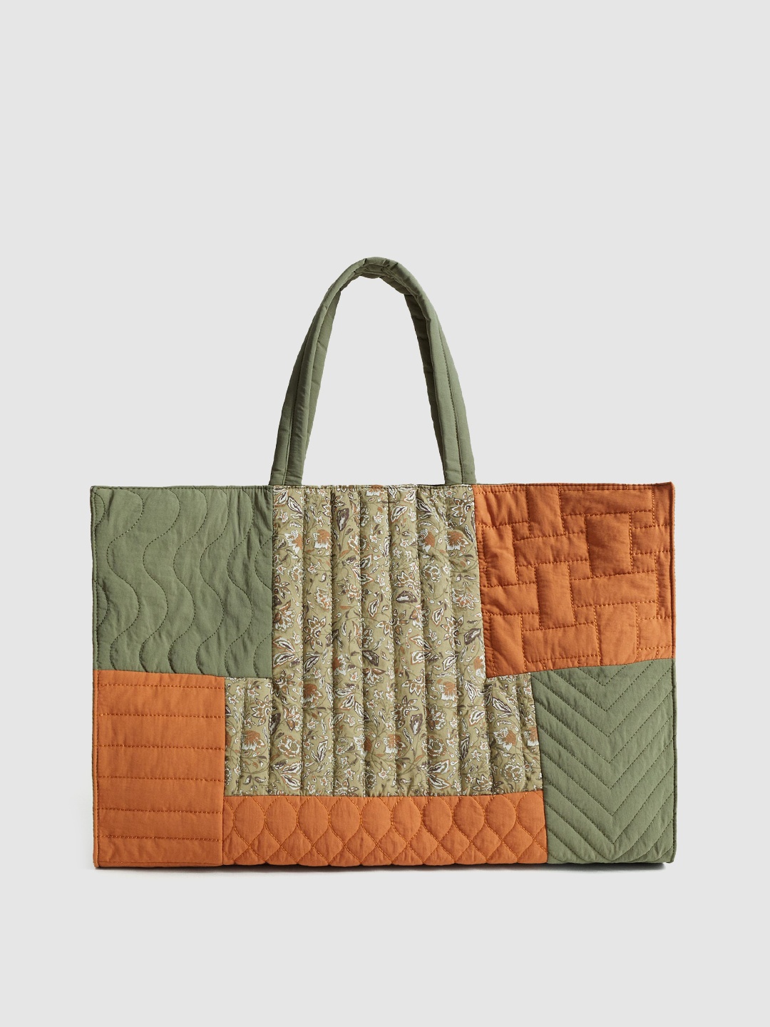 

MANGO Olive Green & Orange Colourblocked Oversized Quilted Shopper Shoulder Bag