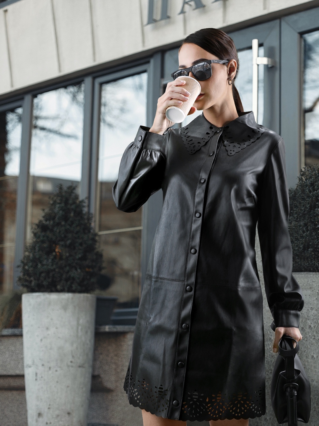 

MANGO Black Faux Leather Solid Mini Shirt Dress