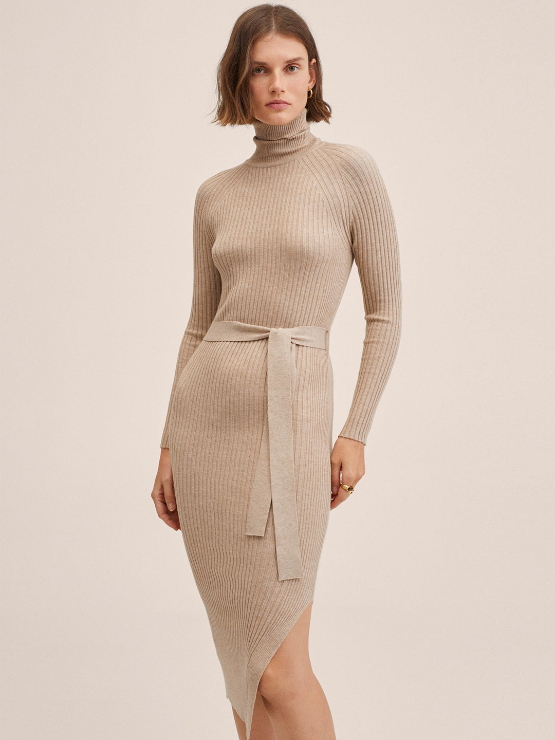 

MANGO Beige Ribbed Sheath Midi Dress with Belt