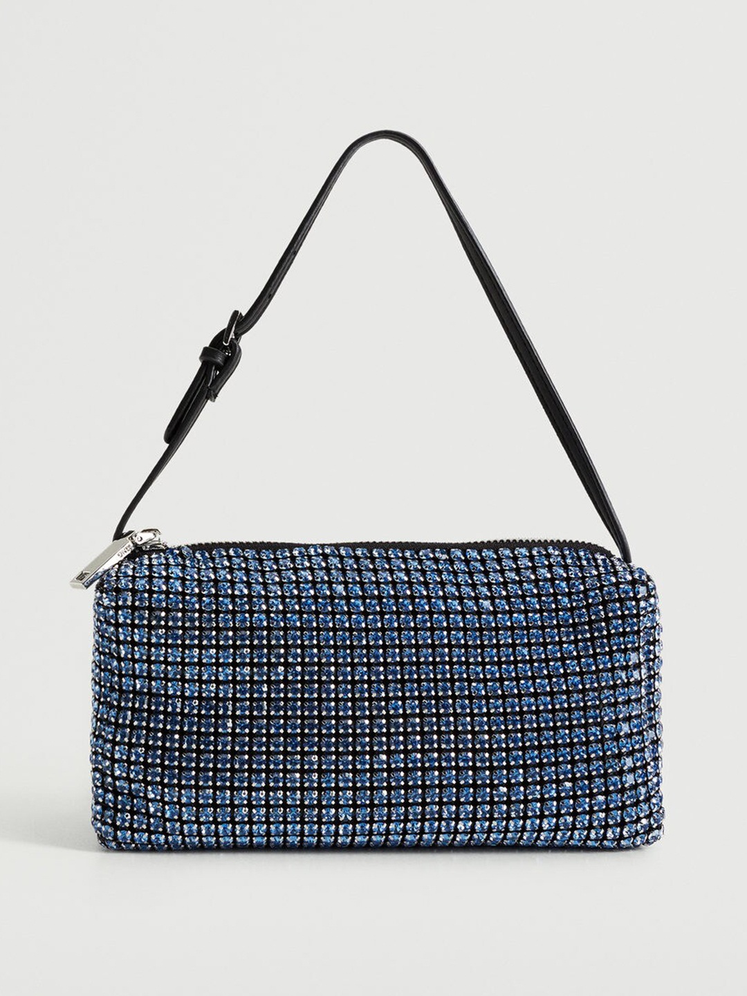 

MANGO Blue & Silver-Toned Embellished Structured Handheld Bag