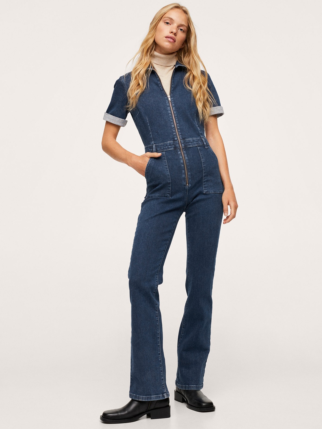 

MANGO Blue Solid Denim Basic Jumpsuit