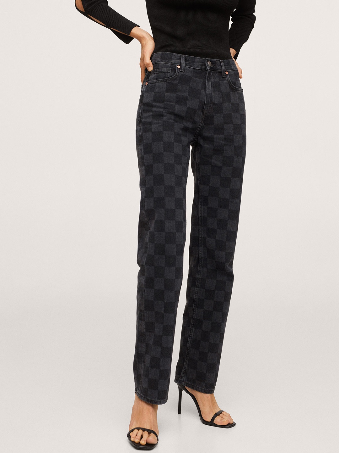 

MANGO Women Black & Charcoal Grey Pure Cotton Checked Straight Fit Jeans