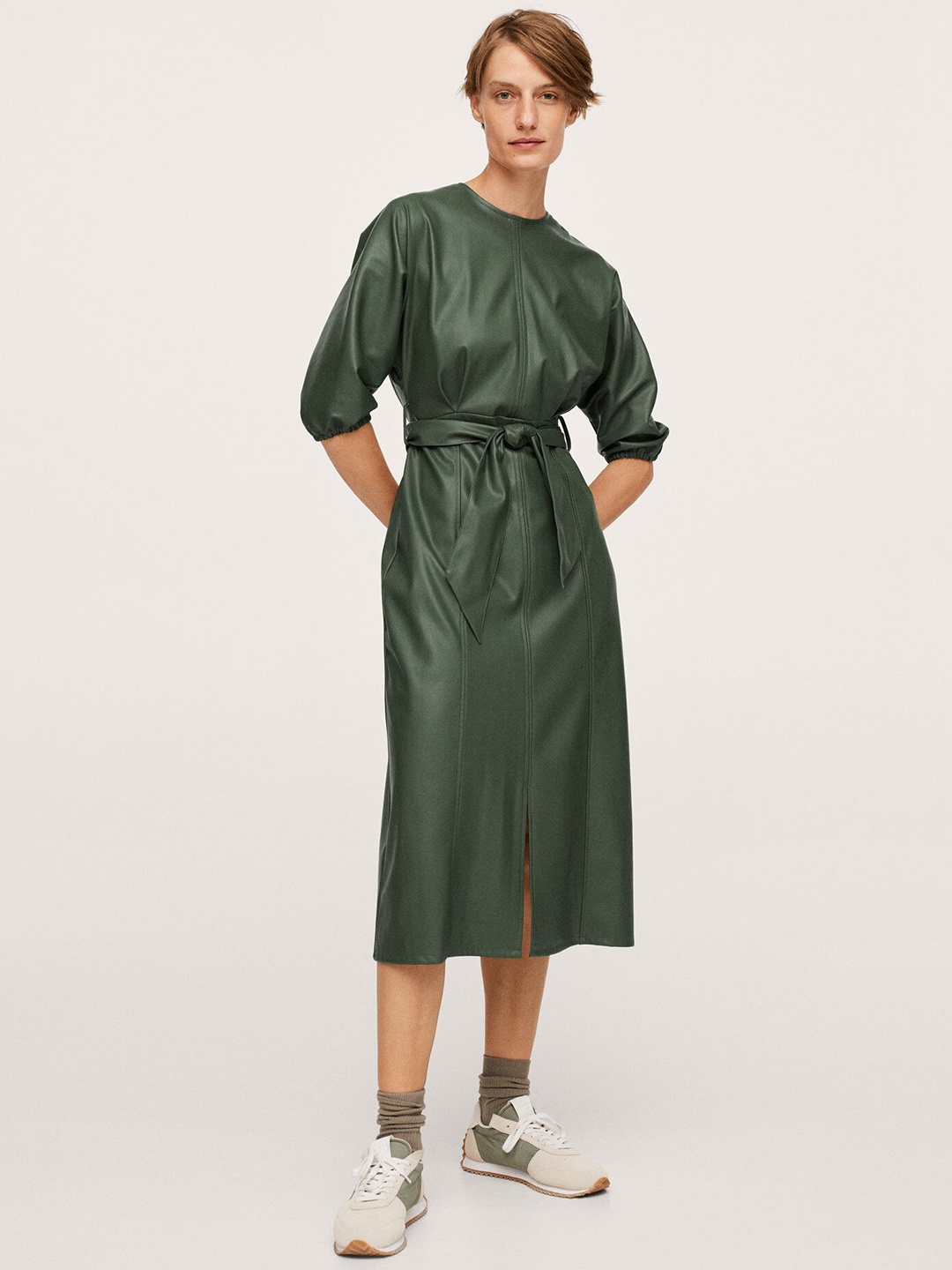 

MANGO Women Green A-Line Midi Faux leather Detail Dress