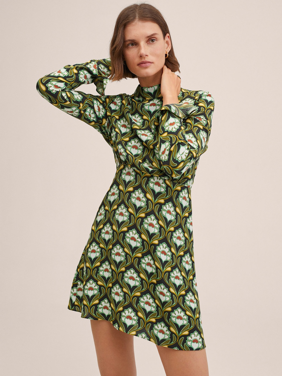 

MANGO Women Green & White Floral A-Line Dress