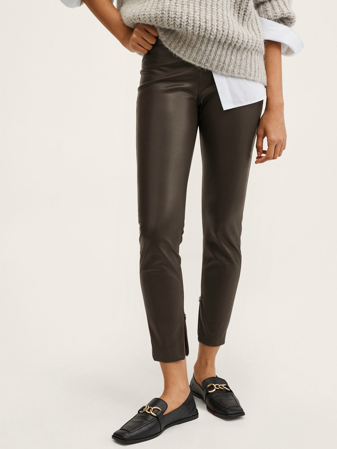 

MANGO Women Coffee Brown Solid Faux Leather Cropped Treggings With Split Hem