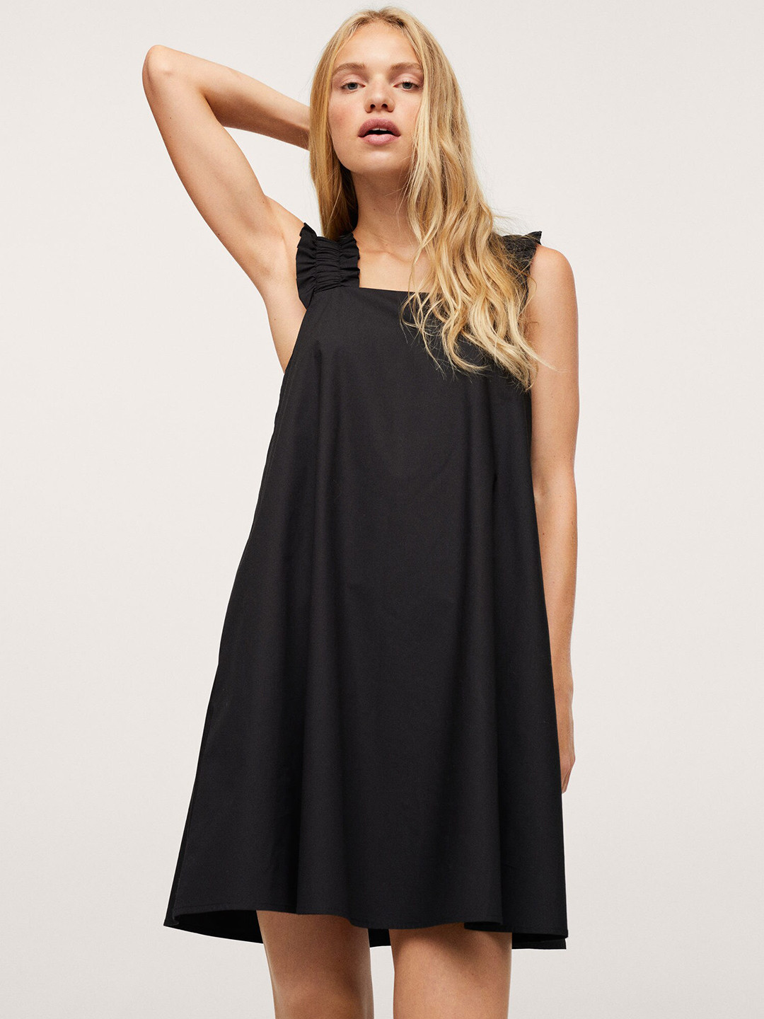 

MANGO Women Black Solid Ruffle Pure Cotton A-Line Dress