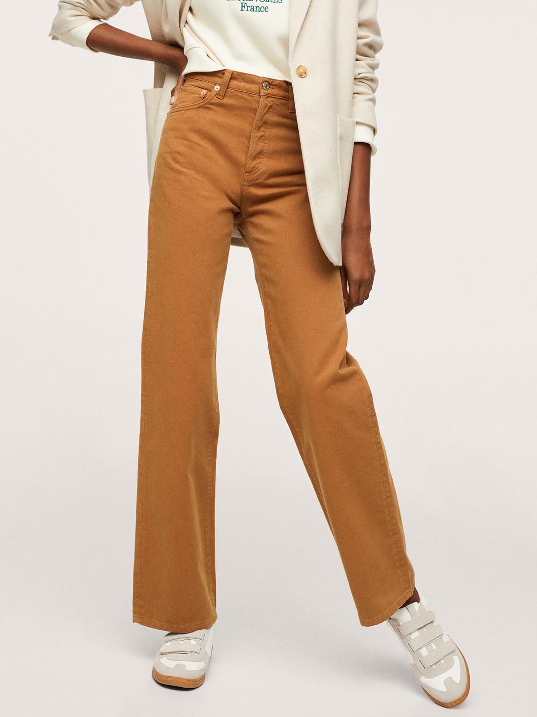 

MANGO Women Khaki Pure Cotton Straight Fit High-Rise Jeans