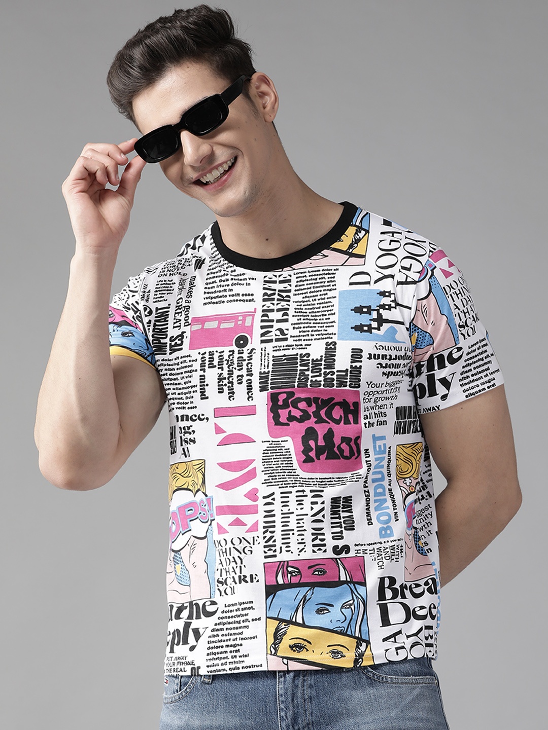 

The Dry State Men Multicoloured Magazine Printed Cotton T-shirt, Multi