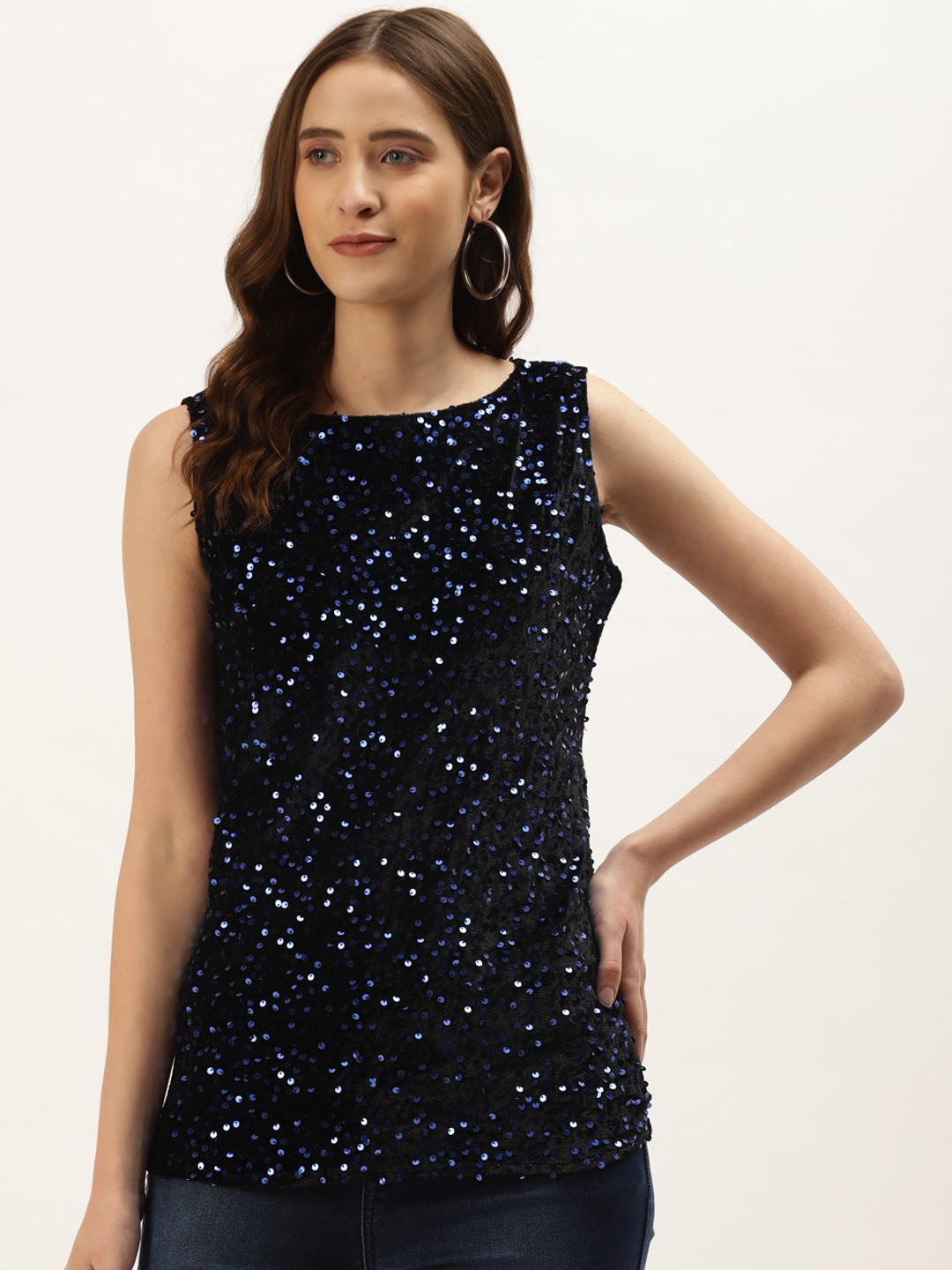 

urSense Black & Blue Sequined Boat Neck Top