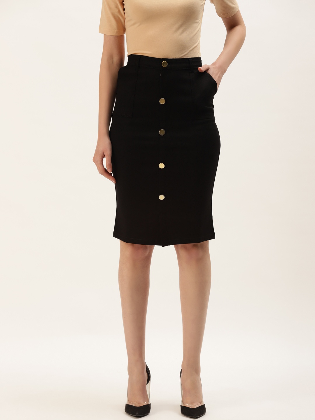 

urSense Women Black Solid Pencil Skirt with Button Detailing