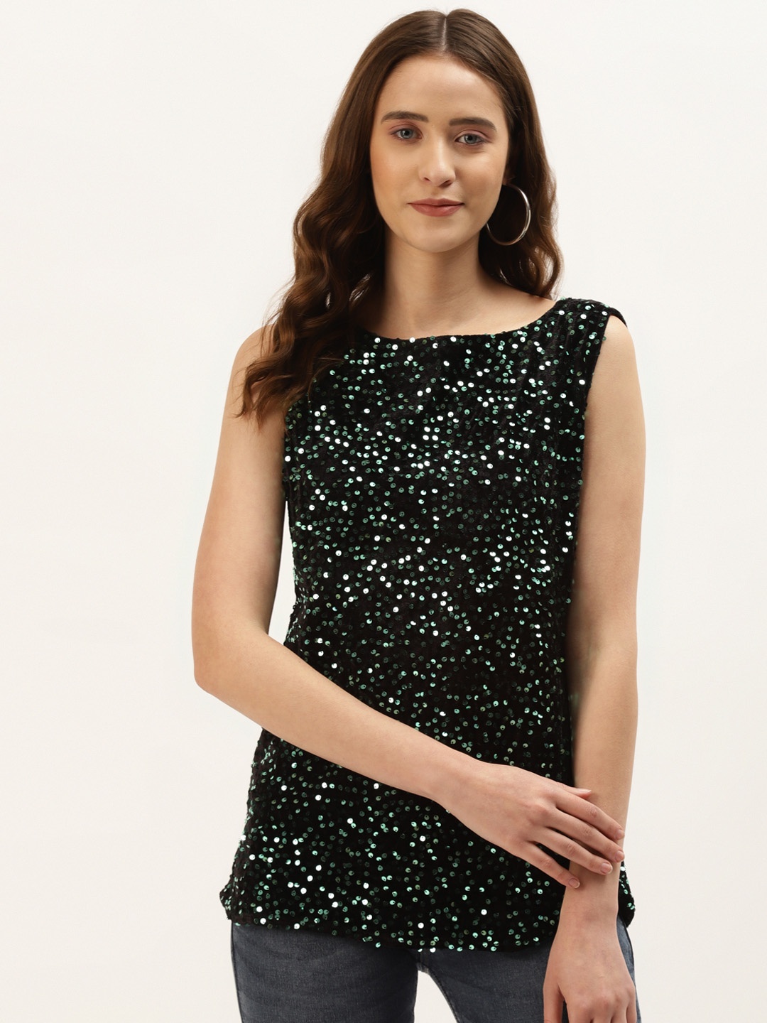 

urSense Black & Green Sequined Boat Neck Top