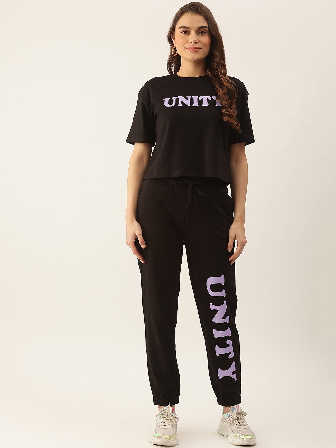 

Besiva Women Black & Lavender Typography Print T-shirt with Joggers Co-Ords