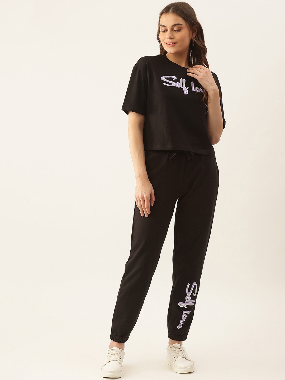 

Besiva Women Black & Lavender Typography Print T-shirt with Joggers Co-Ords