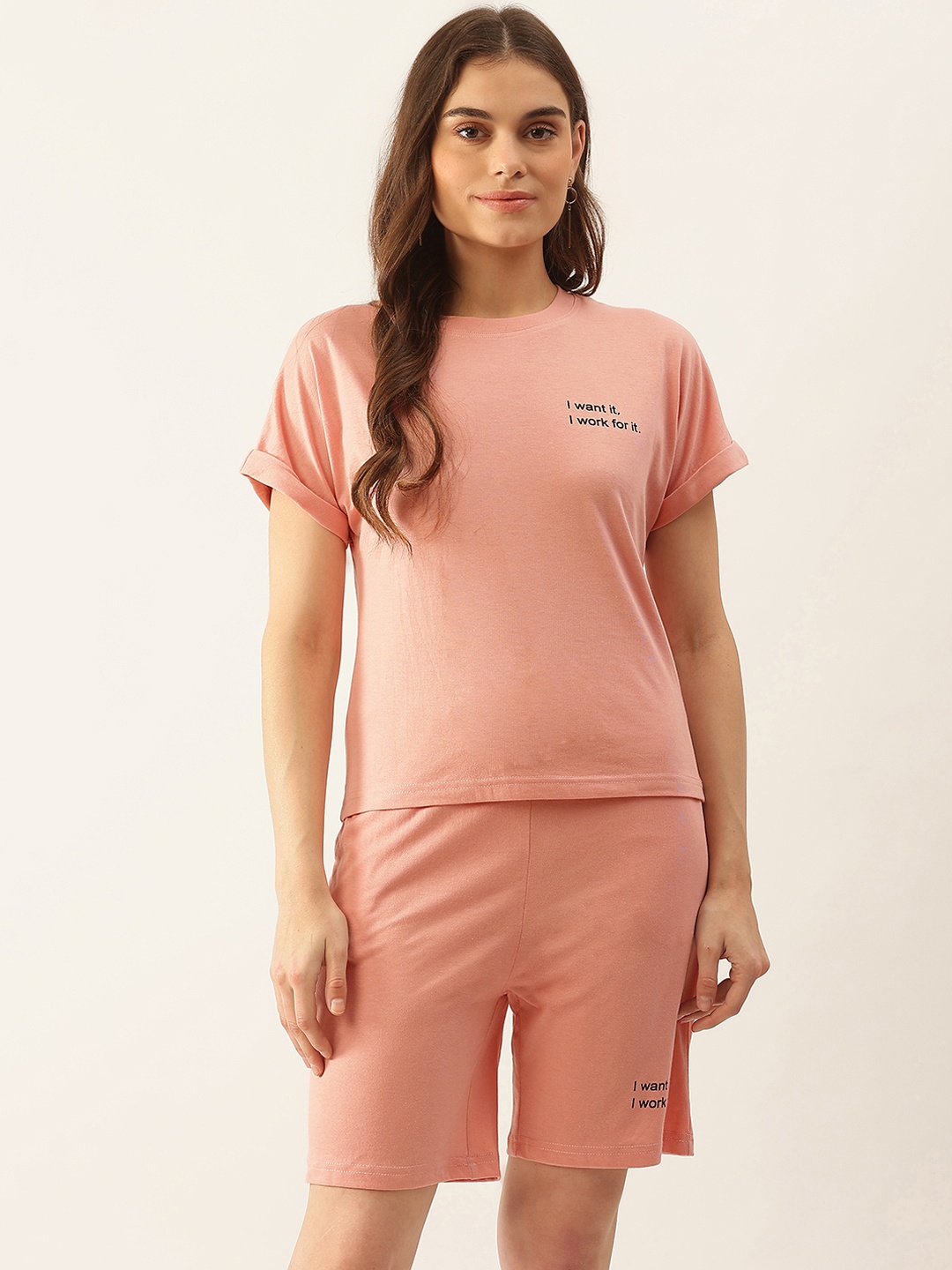 

Besiva Women Peach-Coloured Solid T-shirt with Shorts Co-Ords