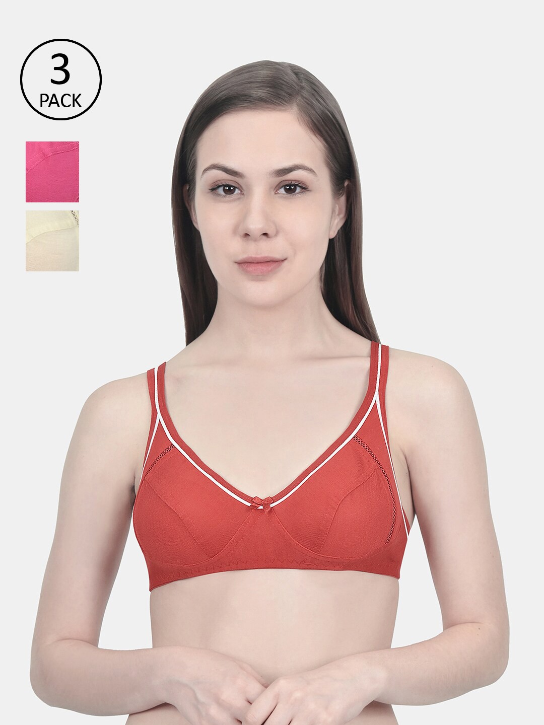 

Innocence Red & Nude-Coloured Non Padded Non Wired Bra Set Of 3