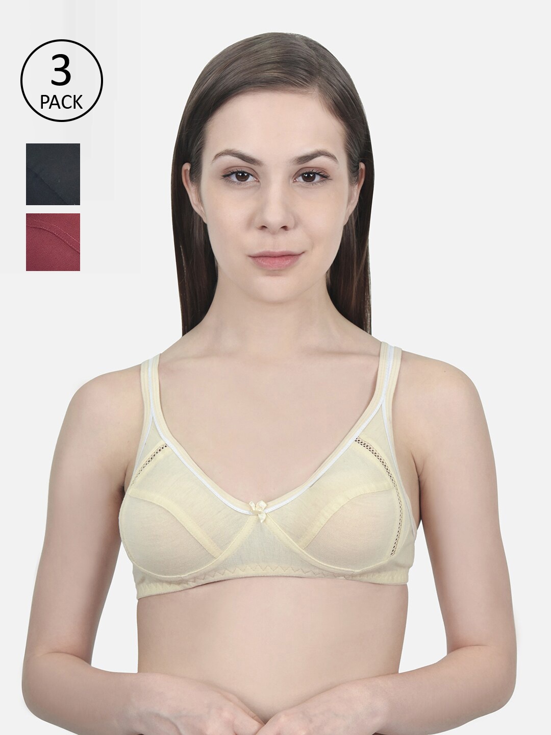 

Innocence Pack of 3 Cream-Coloured & Maroon Bra