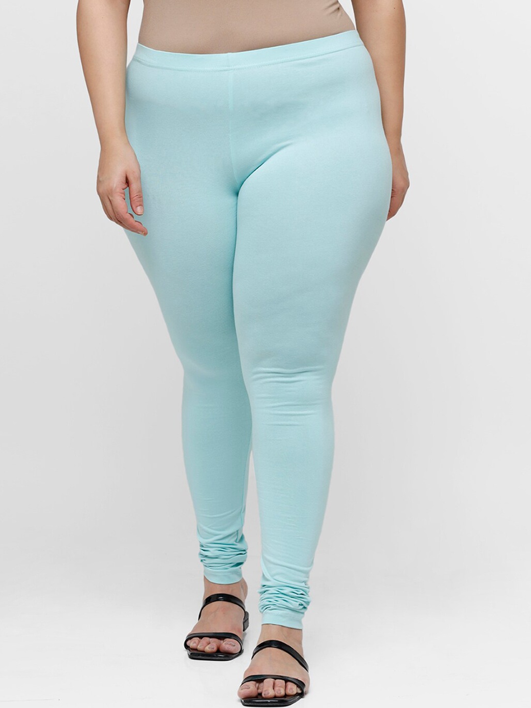 

De Moza Women Turquoise-Blue Solid Cotton Churidar-Length Leggings