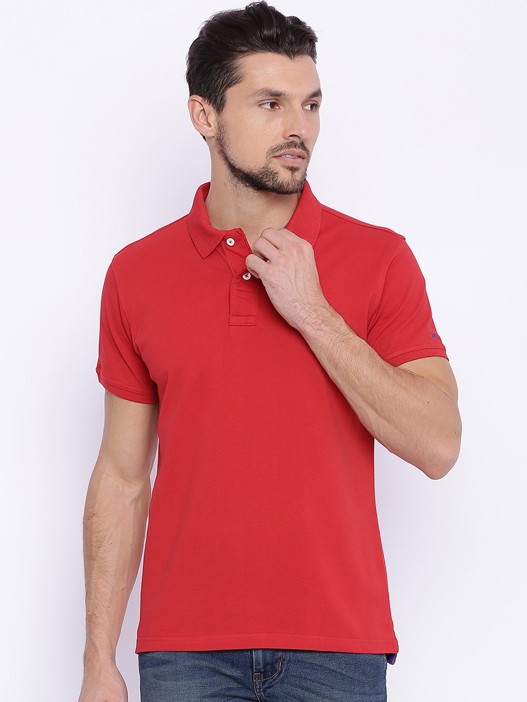 

Basics Men Red Solid Polo Collar Slim Fit T-shirt
