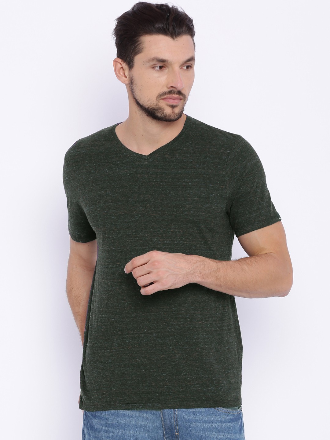 

Basics Men Olive Green Muscle Fit V-Neck T-shirt