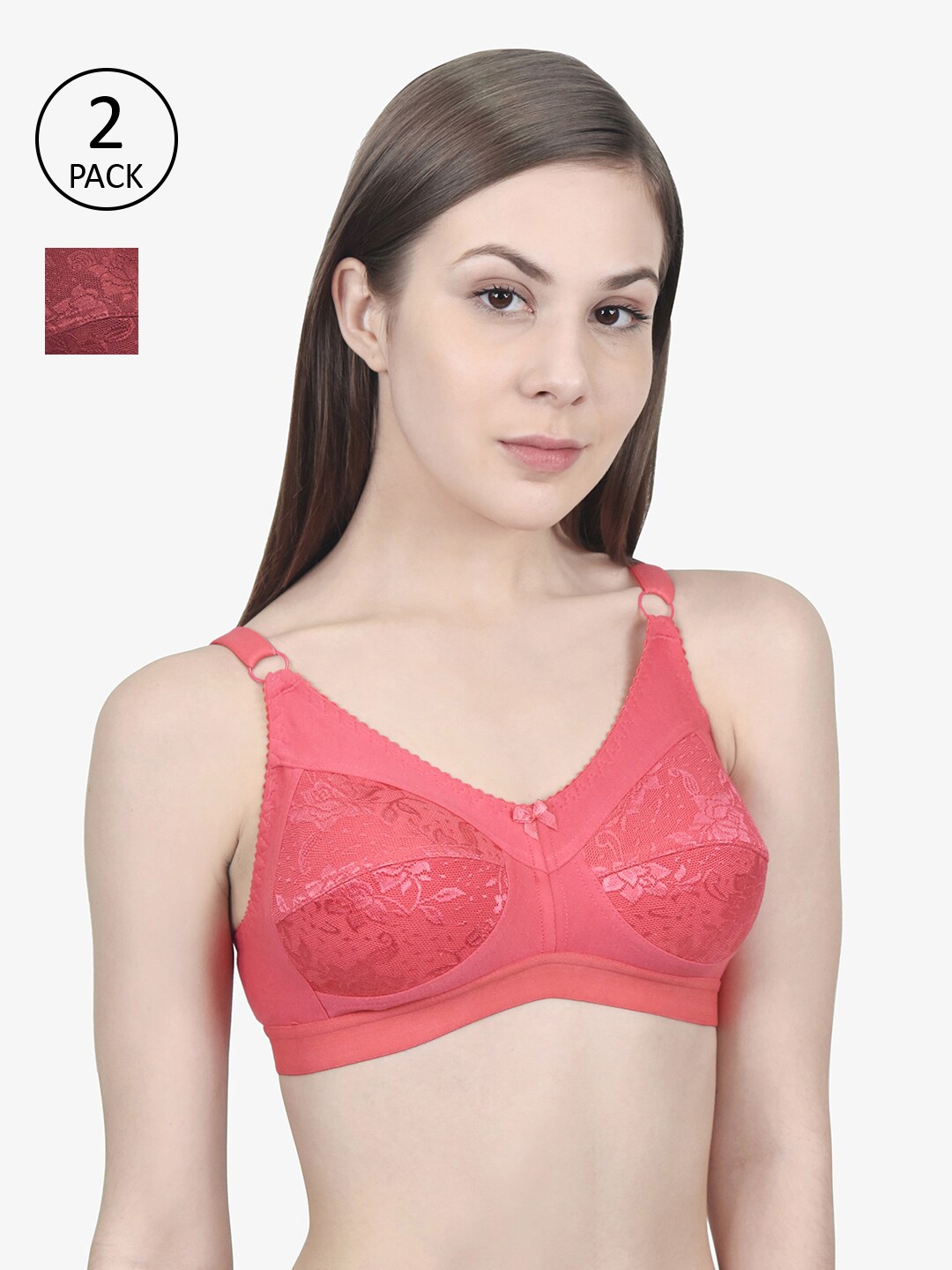 

Innocence Pink & Maroon Non Padded Non wired Full Coverage Everyday Bra Set Of 2