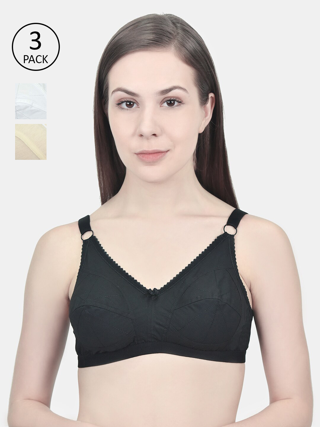 

Innocence Black & Cream Set of 3 Solid Non Padded Bra