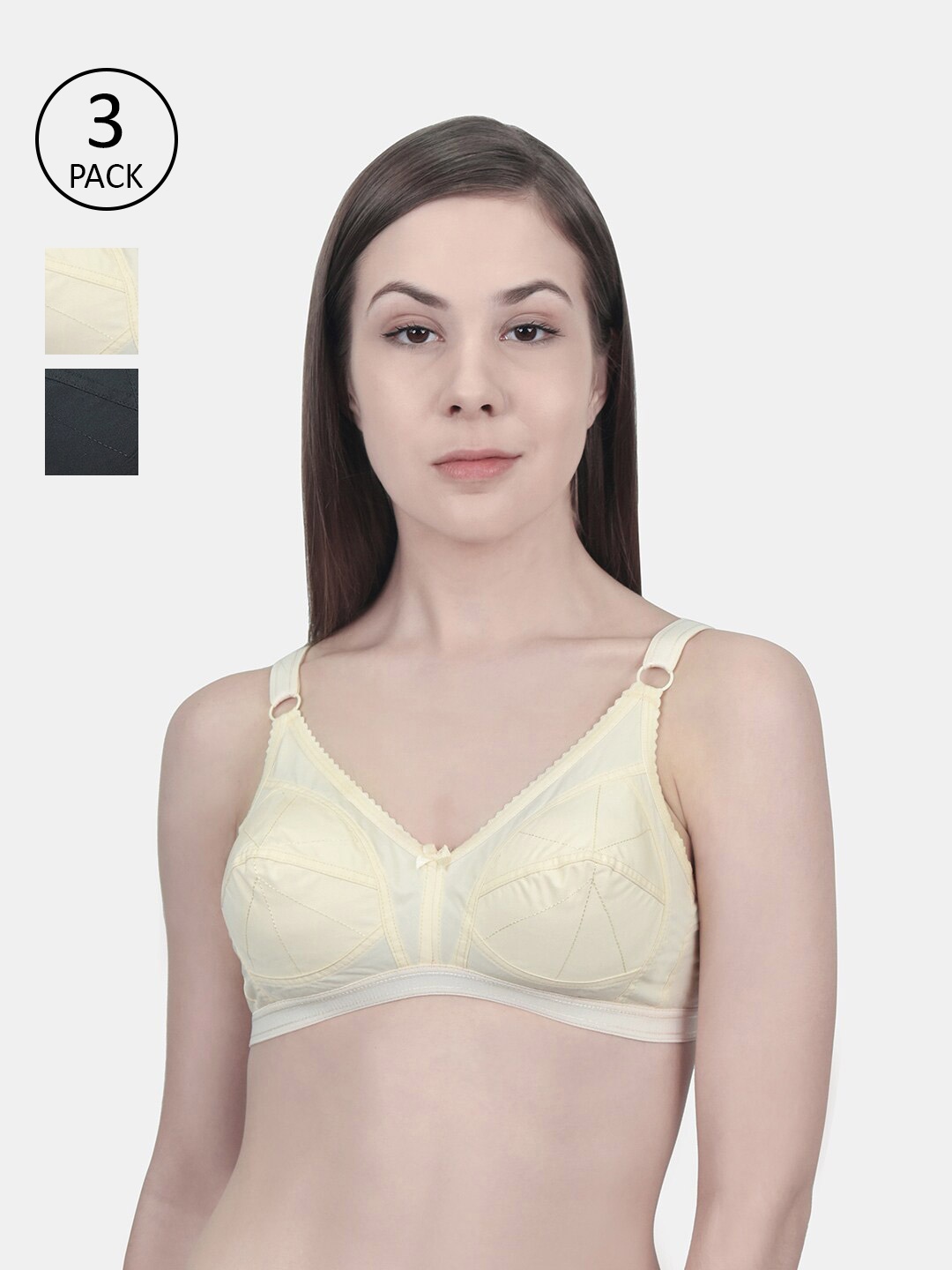 

Innocence Black & Cream-Coloured Set of 3 Non-Padded Non-Wired Full Coverage Bra