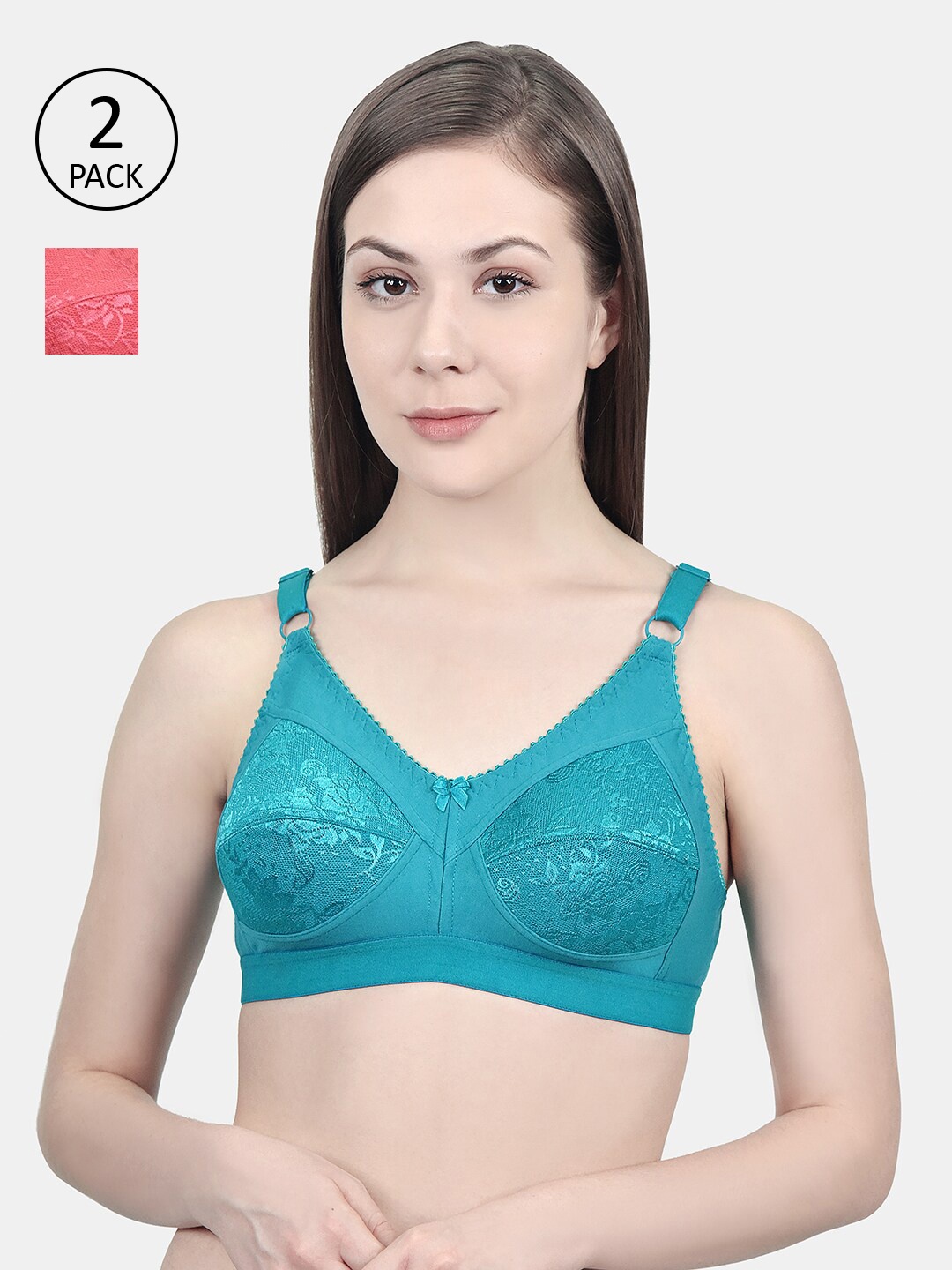 

Innocence Peach-Coloured & Blue Non Padded Non wired Floral Bra Set Of 2