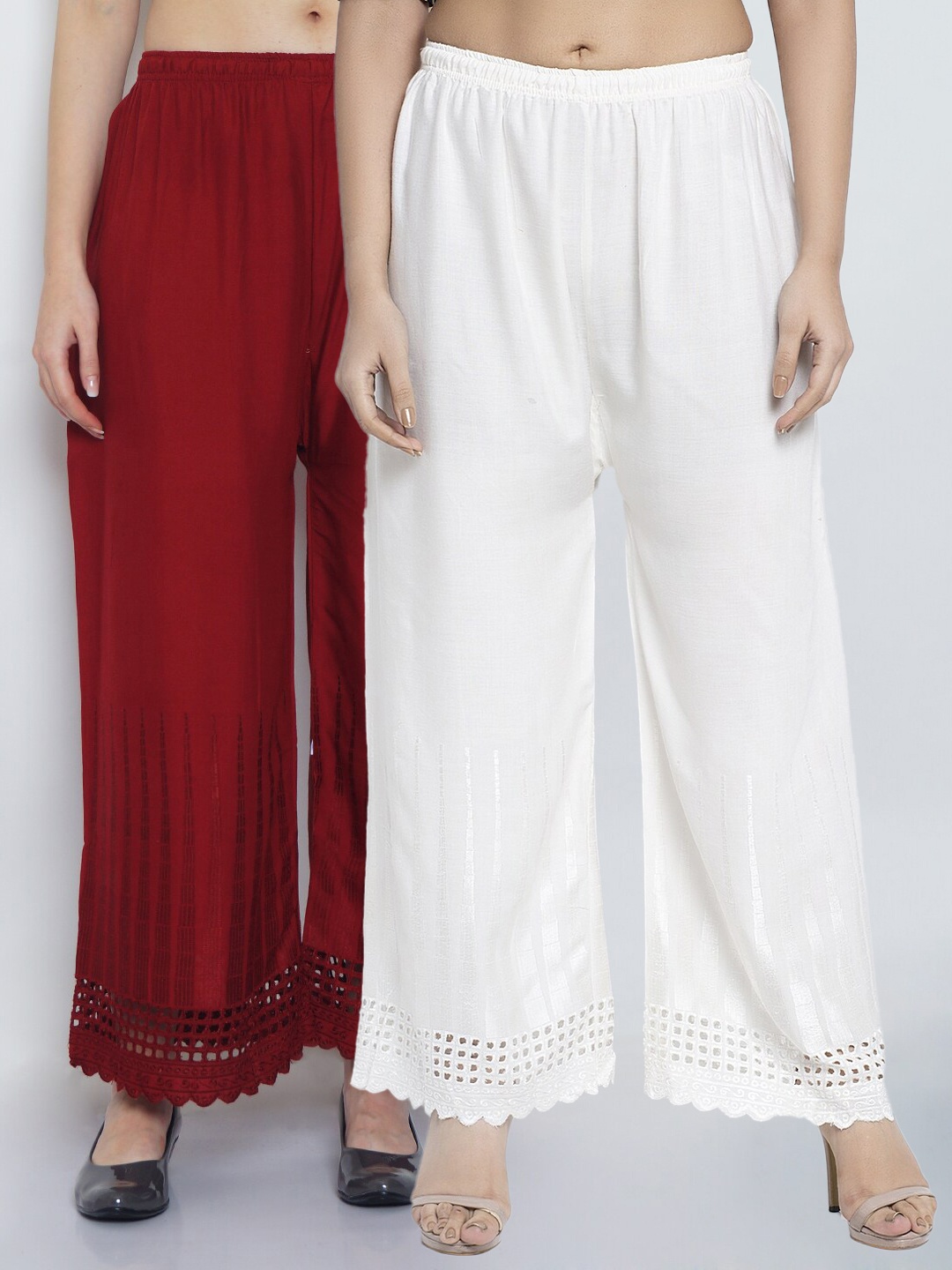 

Jinfo Women Maroon & White Flared Ethnic Palazzos Set Of 2