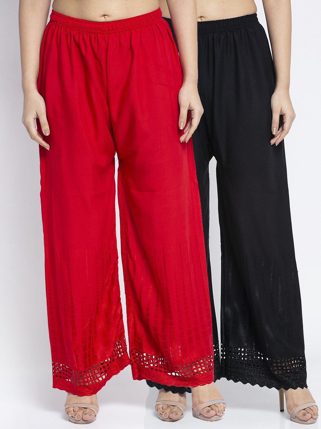 

Jinfo Women Pack of 2 Black & Red Flared Knitted Ethnic Palazzos