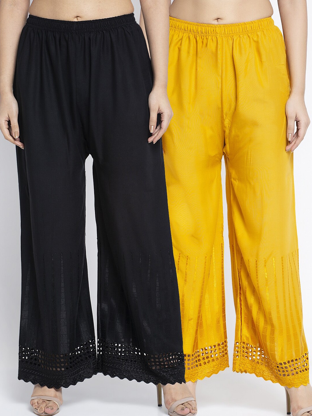 

Jinfo Women Black & Yellow Set of 2 Printed Flared Knitted Ethnic Palazzos