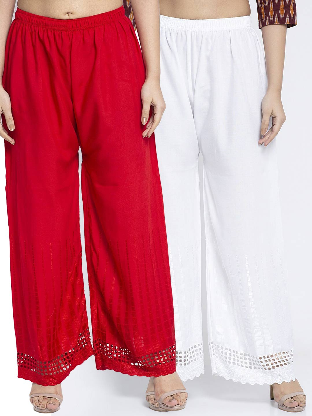 

Jinfo Women White & Red Set of 2 Self Design Flared Knitted Ethnic Palazzos