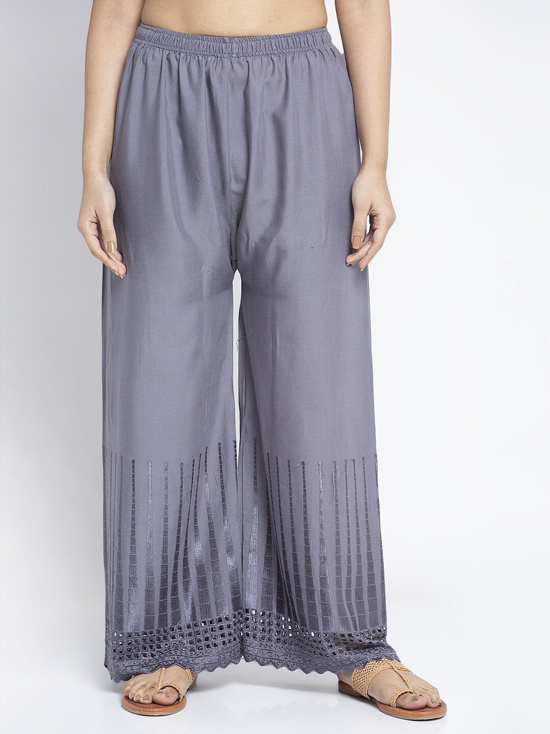 

Jinfo Women Grey Printed Knitted Ethnic Palazzos