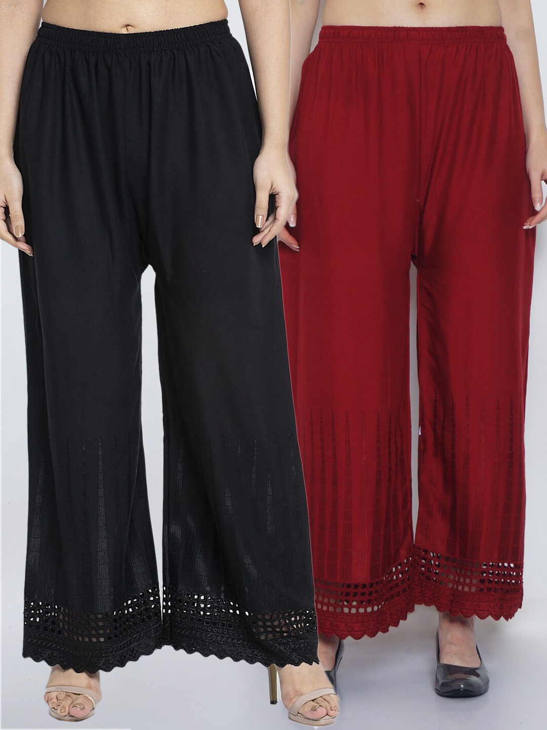 

Jinfo Women Black & Red Set of 2 Self Design Flared Knitted Ethnic Palazzos