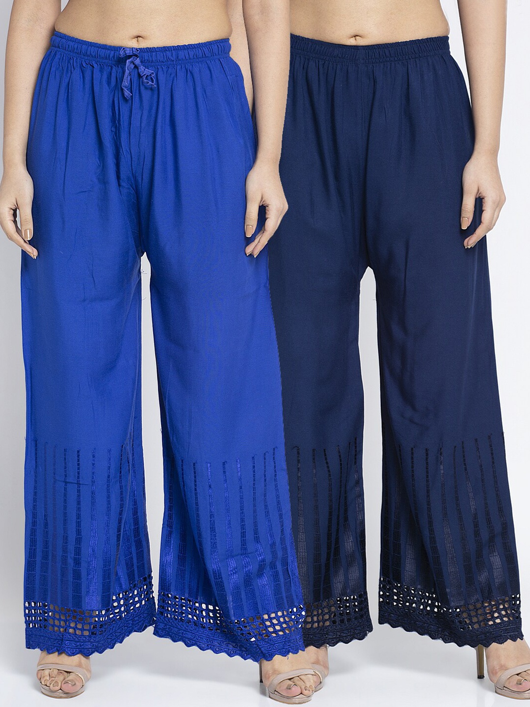 

Jinfo Women Pack of 2 Blue & Navy Blue Flared Knitted Ethnic Palazzos