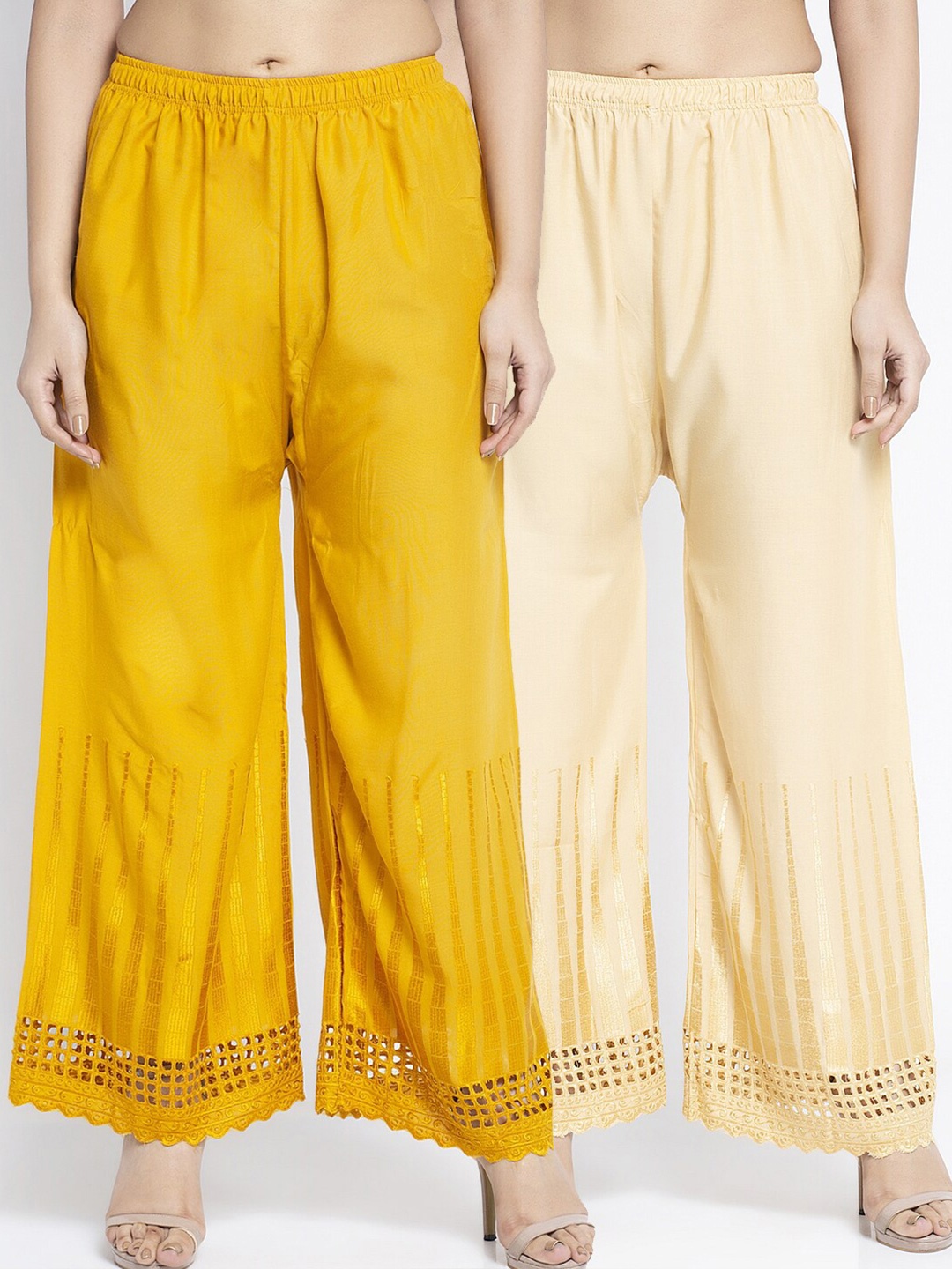 

Jinfo Women Yellow & Beige Set Of 2 Self Design Straight Fit Palazzo