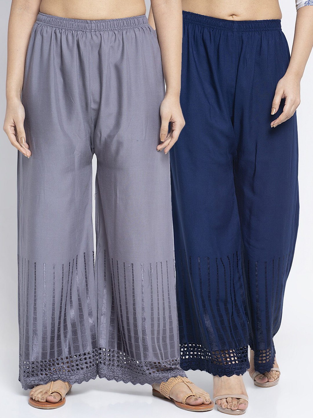 

Jinfo Women Grey & Navy Blue Set of 2 Self Design Flared Knitted Ethnic Palazzos
