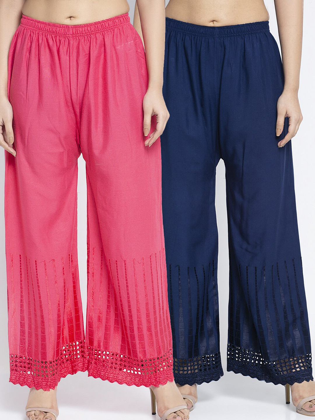 

Jinfo Women Pink & Navy Blue 2 Flared Knitted Ethnic Palazzos