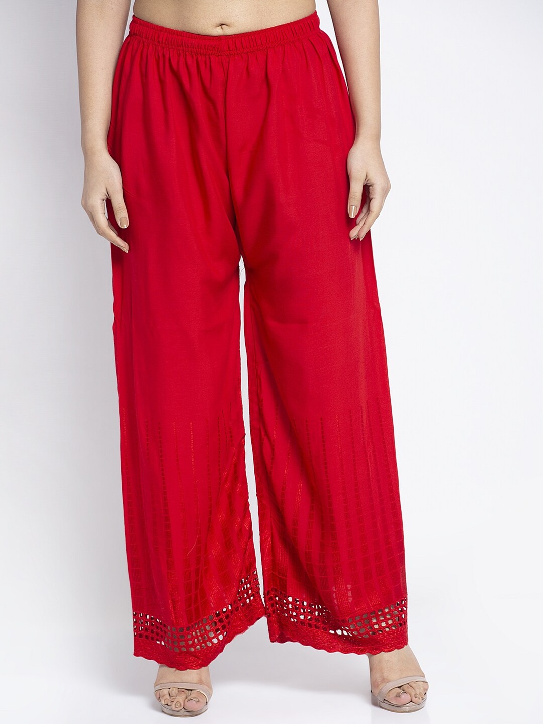

Jinfo Women Red Printed Flared Knitted Ethnic Palazzos