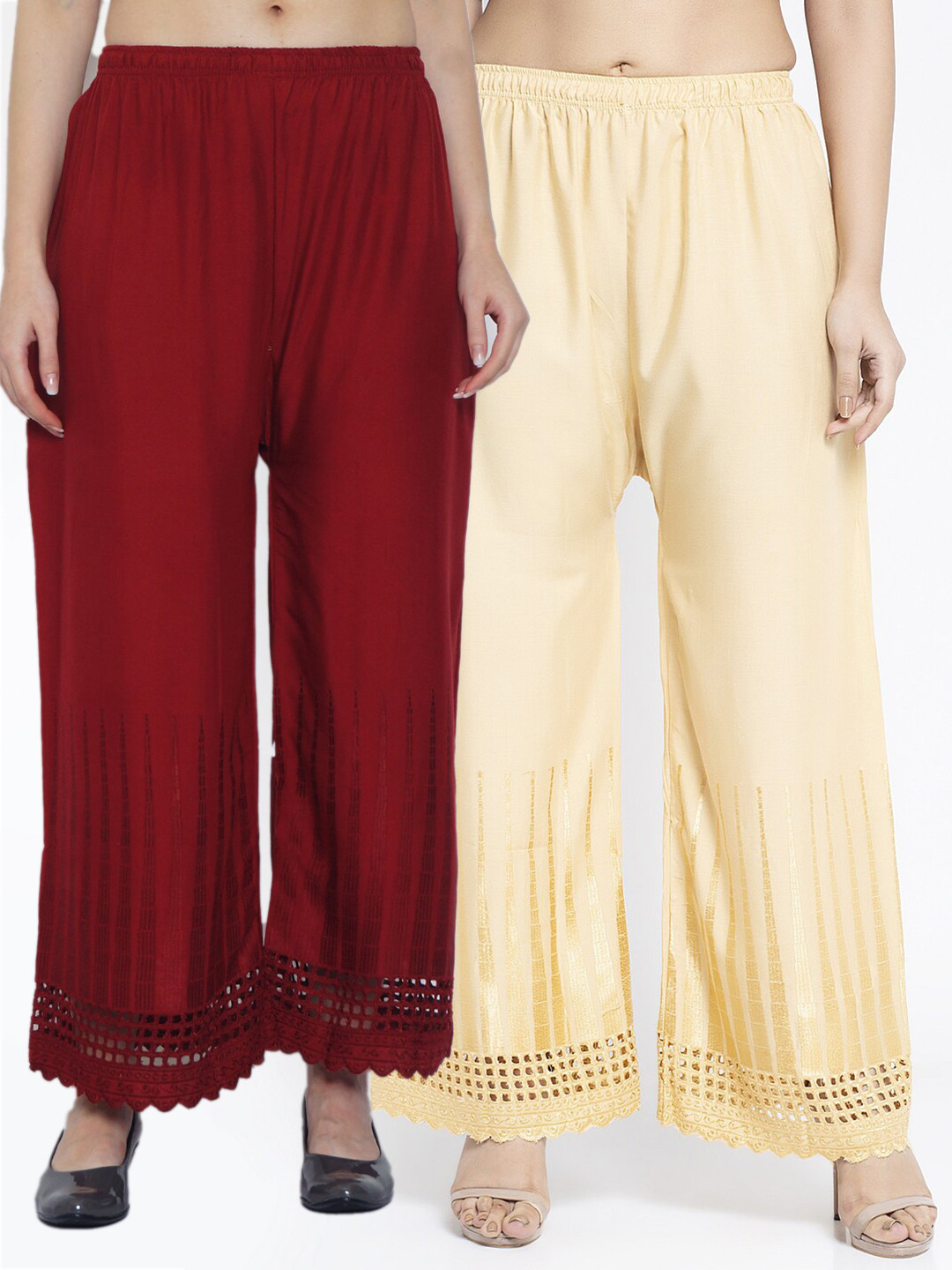 

Jinfo Women Beige & Maroon Set of 2 Self Design Flared Knitted Ethnic Palazzos